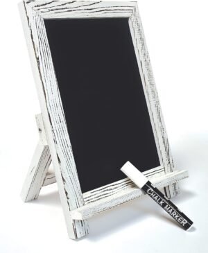 Better Office Products Framed Tabletop Chalkboard Sign, 9.5″ x 14″, Rustic Wood Frame, Small Magnetic Chalkboard with Built-in Ledge and Folding Stand, One White Chalk Marker Included,(Whitewash)