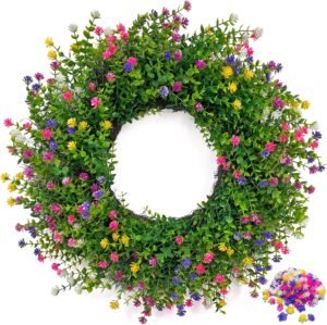 24 Inch Outdoor Wreaths for Front Door – Spring Summer Weatherproof 5-in-1 Multi-Color Farmhouse Flower Wreath with Extra Color Bag – Boxwood Greenery Floral Wreath for Home Décor Outdoor Indoor
