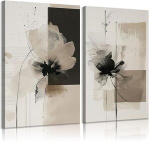 2Pcs Framed Neutral Abstract Canvas Wall Art Floral Pictures Modern Minimalist Posters Prints Beige Brown Black Flower Wall Decoration for Living Room Bedroom Bathroom Office 12x16in