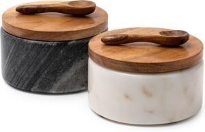 Cork & Mill Marble Salt and Pepper Bowls – Set of 2 Handcrafted White/Grey Solid Marble Salt and Pepper Cellars with Lids and Spoons – Elegant Containers for Countertop or Table