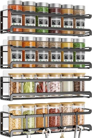 Bunoxea Spice Rack Wall Mounted 4 Pack,Space-Saving Spice Organizer for Spice Jars and Seasonings,Screw or Adhesive Hanging Spice Rack Organizer for Your Kitchen Cabinet,Pantry Door,11.41×2.75×2.75in