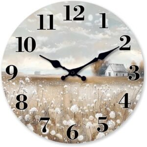 XFM Farmhouse Wall Clock Battery Operated 10 Inch Silent Non-Ticking Wooden Wall Clocks Country Flower Field Clock for Kitchen Living Room Bedroom Decor