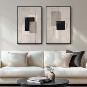 Large Framed Neutral Abstract Wall Art for Living Room, Set of 2 Black and Beige Modern Canvas Prints Paintings Artwork for Walls, Minimalist Block Lines Pictures for Hallway Office Wall Decor 24×36 In
