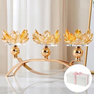 5.6″ Tall Crystal Candle Holders Lotus Candelabras Gold Arch Candlestick, Centerpiece Table, Home Hecor for Wedding, Dinning Room, Coffee Table, Kitchen, Living Room (10.5″ L, Tealight Candle)