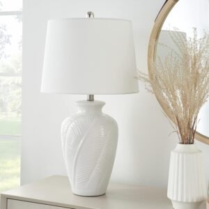 Nourison Home 26″ White Glossy Feather Engraved Coastal Farmhouse Table Lamp for Bedroom, Living Room, Dining Entryway