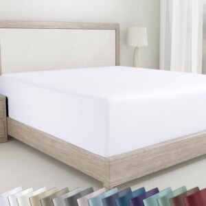 California Design Den Queen Fitted Sheet Only – 100% Cotton 400 Thread Count Sateen, Deep Pocket Fitted Sheet Queen, No-Pop Off Elastic – White