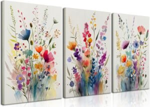 KISSFOX 3 Piece Canvas Wall Art Wildflowers Wall Decor Floral Pictures Botanical Paintings Colorful Prints Watercolor Artwork For Bedroom Bathroom Living Room
