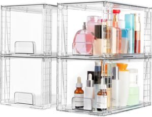 Vtopmart 4 Pack Large Stackable Storage Drawers,Easily Assemble Acrylic Bathroom Closet Undersink Organizers and Storage,Plastic Bins for Kitchen Cabinets,Pantry,Makeup,Medicine Organization