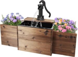 OIPRTGFJ Outdoor Water Fountain,Floor Wooden Rectangular Pump Old-Fashioned Fountain with Flower Box,Electric Decorative Hand Pump, Outdoor Water Feature for Garden Patio Backyard