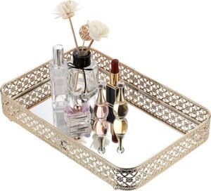 ELLDOO Perfume & Makeup Vanity Tray – Hollow-Carved Jewelry Storage, Glass & Metal Trinket Organizer for Dresser & Bathroom Countertop, Gold, Medium Size