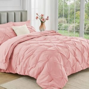JOLLYVOGUE Queen Comforter Set 7 Pieces – Bed in a Bag Queen for All Season, Pintuck Bedding Comforter Sets with Comforter, Flat Sheet, Fitted Sheet and Pillowcases & Shams, Pink