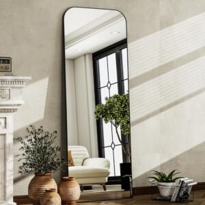 HARRITPURE 57″x20″ Full Length Mirror, Black Rounded Corner Aluminum Frame Standing Mirror, Hanging/Leaning Wall Floor Mirror with Stand for Living Room Bedroom Cloakroom