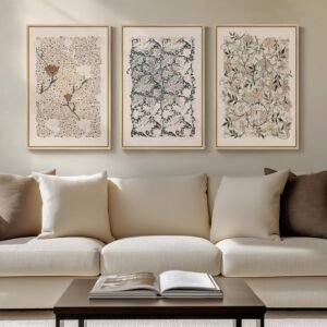 Framed William Morris Canvas Wall Art for Living Room, Set of 3 Large Neutral Floral Botanical Prints, Vintage Rustic Boho Pictures for Bedroom Hallway Office, 16×24 Inch