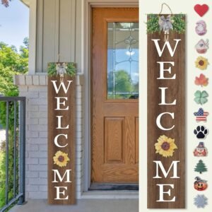 Interchangeable Welcome Sign for Front Porch Standing 47″X8″ Outdoor Large Wood Frame with 12 Pcs Designed Icons Leaner Vertical Tall Outside Welcome Sign for Front Door Decor (Wood)