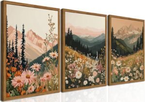 Framed Boho Colorful Wildflower Landscape Wall Art Set of 3, Vintage Floral Mountain Wall Decor Paintings, Nature Flower Pictures Canvas Prints for Living Room Bedroom Office 12×16 inch