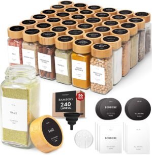 FINESSY Glass Spice Jars with Label with Bamboo Lids 36 Pack Set, 4oz Empty Clear Glass Spice Bottles with Shaker Lids, Airtight Kitchen Seasoning Organizer Jars, Herb Seasoning Containers with Labels