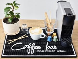 Brewed Fresh Daily Silicone Coffee Bar Mat 18×12 in, Self Serve Coffee Station Sign Mat, Hostess Gift, Farmhouse Kitchen Decor, Non-Slip Espresso Machine Mat, Barista Accessories