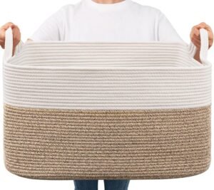 Goodpick Large Woven Blanket Basket, 21.6″ x 14.9″ x 11.8″ Storage Baskets for Organizing, Rectangle Cotton Rope Toy Basket for Living Room, Bedroom, White & Brown