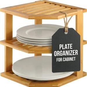 Plate Organizer for Cabinet – 3 Tier Bamboo Corner Shelf Cabinet Organizer for Plates, Bowls, Mugs and Pantry Storage, Space Saving Countertop and Cabinet Corner Shelf, 10 x 10 x 9.5 Inch, Bambusi