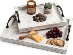 Rustic Serving Tray with Handles – 2 Nesting Trays for Serving Food – Wooden Tray for Decor, Coffee Table & Ottoman – Large Serving Tray with Distressed White Finish to Complement Any Decor