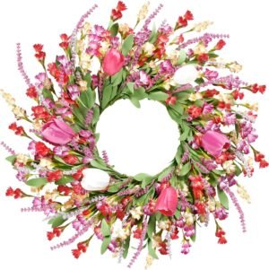 Sggvecsy Spring Summer Wreath for Front Door 22 Inch Artificial Colorful Flower Wreath with Colorful Tulips Greenery Leaves Lavender for All Seasons Home Farmhouse Indoor Outdoor Wall Decor (Mixed)