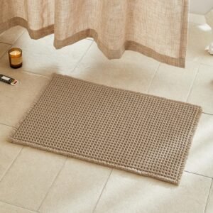 TYUU Waffle Bath Mat, Boho Bathroom Rugs Non Slip Washable Super Absorbent Quick Dry Farmhouse Bathroom Decor, 30″x20″ Khaki