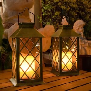 TAKE ME 14″ Solar Lanterns Outdoor Waterproof Garden Lanterns Flameless Candle Mission Lights for Table,Outdoor,Party Mothers Day Gifts ( 2 Packs Brush-Painted Antique Bronze Color)