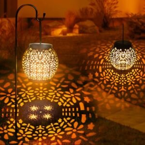 Brizled Solar Lantern Lights, 2 Pack Outdoor LED Hanging Lantern Lights with Star Projection, Warm White Solar Garden Lighting Retro Table Lanterns Light Waterproof for Garden Patio Courtyard Path