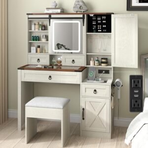 Farmhouse Makeup Vanity Desk with Sliding Mirror and Lights, 42″ Glass Top White Vanity Set with Charging Station & 4 Drawers & 2 Cabinets, Dressing Table with Stool for Bedroom