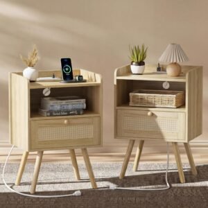 SUPERJARE Nightstands Set of 2, Night Stands with Charging Station & PE Rattan Decor Drawer, Bed Side Tables with Solid Wood Feet, End Table, for Bedroom, Living Room – Natural