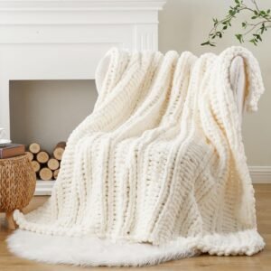 Battilo Chunky Knit Throw Blanket for Couch, 100% Hand Made Chenille Throw Blanket, Super Soft Warm Cozy Cream Blanket for Bed, Sofa, Living Room, 50″x60″
