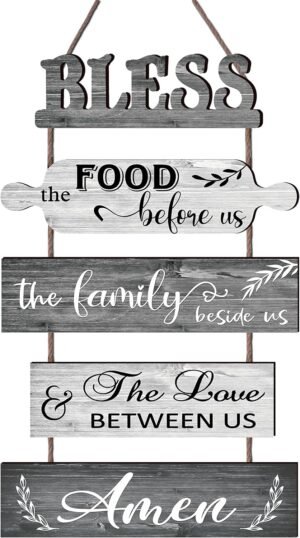 Buecasa Bless the Food Before Us Farmhouse Kitchen Wall Decor – Dining Room Decorations Collage Art in White Grey Color – Wooden Rustic 5pcs Roped Sign 13×24 Inches Vertical