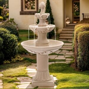 3-Tier Outdoor Water Fountain, 48.4″ H Floor Backyard Garden Fountain, Water Feature Indoor with Pump, Outdoor Freestanding Waterfall Fountain, Bernini Fountain for Garden Patio Yard (Beige)