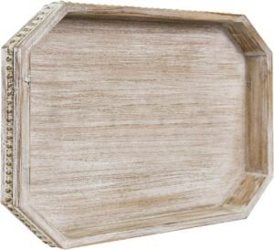 Wooden Decorative Tray, Rustic Serving Tray with Wood Bead, Farmhouse Big Tray for Ottoman, Countertop, Coffee Tabl, 16.5″ x 13″x 1.6″ (White Washed)