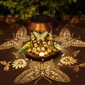 Solar Bird Feeders for Outdoors Metal Butterfly Lantern Hanging on a Tree Metal Wild Bird Feeder Decoration for Patio,Yard,Lawn,Pathway,Summer Garden Decor Gifts for Bird Lovers Mom Friends