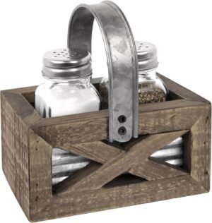Autumn Alley Barn Door Rustic Salt and Pepper Shakers Set in Wood and Galvanized Caddy, Farmhouse Salt and Pepper Shakers For Rustic Kitchen Decor, Rustic Kitchen Accessories for your Country Kitchen