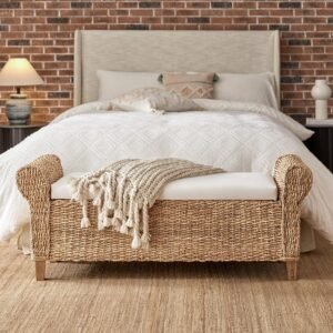 HULALA HOME Rattan Storage Bench with Rolled Armrests, Boho Wicker End of Bed Bench for Bedroom Entryway Living Room, Water Hyacinth Frame, Natural