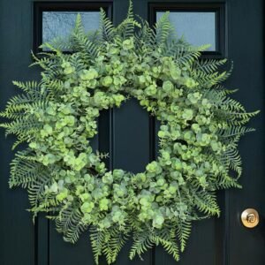26” Eucalyptus and Boston Ferns Wreath for Front Door – Large Artificial Greenery Outdoor Wreath for Porch,Window,Farmhouse,Home,Hanging Decor- Spring, Summer, All Seasons (Gray-Green)