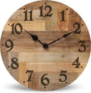 NIKKY HOME Rustic Farmhouse Wall Clock – 12 Inch Battery Operated Silent Non Ticking Vintage Wooden MDF Clock Home Decor for Kitchen, Living Room, Bedroom, Office