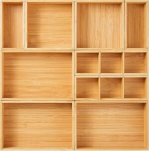 Fabsome Drawer Organizer, Set of 9 Bamboo Wood Kitchen Makeup Desk Junk Tea Drawer Storage Boxes Bins for Cutlery Silverware Utensils Flatware, Small Wooden Container Tray for Bathroom, Office