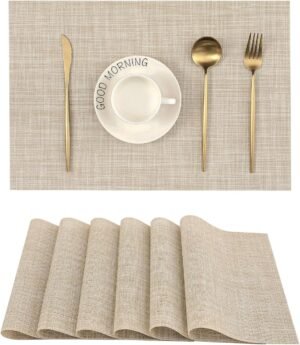Leetaltree Beige Placemats Set of 6 – Heat Resistant Non-Slip Place mats for Dining Table, Washable Durable PVC Vinyl Woven Table Mats(Beige, 6)
