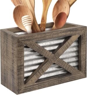 Autumn Alley Barn Door Rustic Wooden Kitchen Utensil Holder – Galvanized Accents – Farmhouse Details Add Charm to Your Country Kitchen Decor