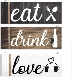 Jetec 3 Pcs Farmhouse Kitchen Wall Decor Rustic Wooden Home Eat Drink Love Sign with Hanging Hole for Home Dining Living Room Bar Cafe Decor(Vivid Color)