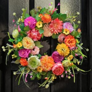 Spring Wreaths for Front Door 24 Inch,Summer Wreath with Rose,Peony,Dahlia,Spring Door Wreath for Holiday Farmhouse Indoor Outdoor Wall Home Decor