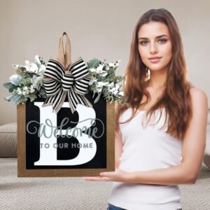 Ultra Large 14” Last Name All Year Round Front Door Wreath with 26 Initial Letter Welcome Sign All Seasons Eucalyptus Garland and Bow Wreaths for Front Door Porch Farmhouse Decoration (B)