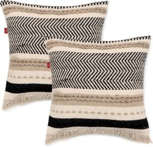 REDEARTH · Handmade Boho Throw Pillow Covers – Bohemian Chic Farmhouse Style – Accent Woven Indoor and Outdoor Pillow Cushion Cases for Couch, Bed, Chair, Sofa, Bench – Set of 2-18″x18″ – Natural