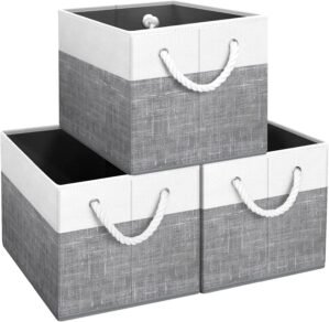Fab totes Storage Bins 3-Pack, Foldable Storage Baskets for Organizing Toys, Books, Shelves, Closet, Large Storage Box with Rope Handles, Sturdy Organizer Bins, White & Grey