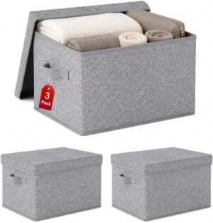 WUIKE Foldable Storage Bins with Lids, Storage Boxes with Handles, Closet Shelf Organizer, Fabric Storage Baskets for Bedroom, Decorative Storage Containers, Large, Ash Gray, 3-Pack