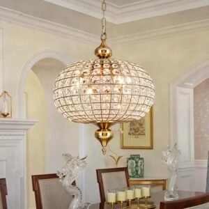 Gold Crystal Chandelier, 16.5″ Modern 4-Light Round Crystal Pendant Light Antique Globe Foyer Chandelier for Dining Room Living Room