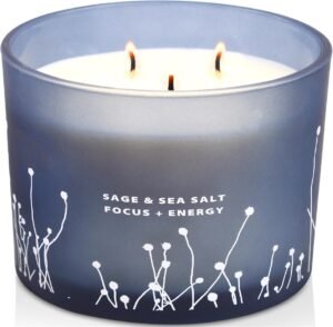 White Sage Sea Salt 3 Wick Candle – Large Soy Scented Candle 14.5 oz – Sage Candle for Cleansing House – Aromatherapy Energy Cleansing Candle for Home, Stress Relief, Women & Men